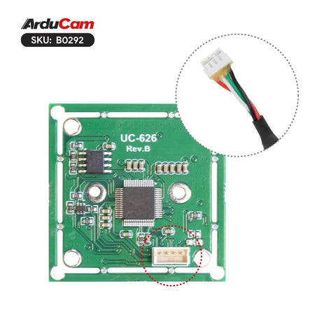 Back view of 4K 8MP IMX219 Autofocus USB Camera Module with Built In Microphone and close-up of connector wiring.