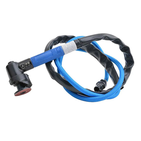 Heavy Duty Pneumatic Elbow Grinder Boasts A Rock Solid 3 Millimeter Chuck And A Blazing 23000Rpm Motor For Tough Grinding Polishing And Knockout Finishing Work Anywhere On The Job Site with reinforced blue hose and angled head.