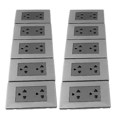 Heavy Duty Stainless Steel Wall Outlet Featuring A Fireproof Electrical Receptacle That Is Totally Badass And Built To Resist Corrosion While Delivering Rock Solid Connections In Each 10 Pack Box, displaying ten outlets.