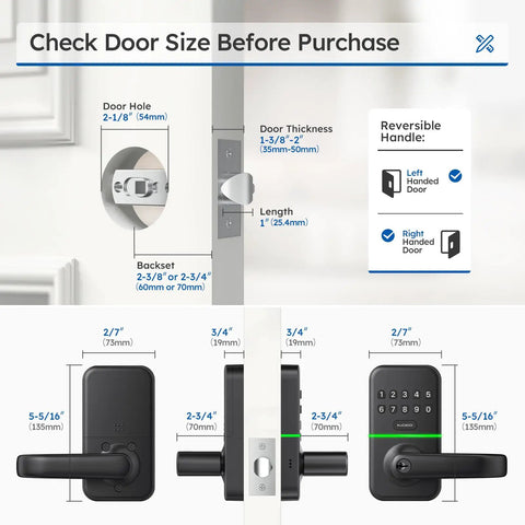 Dimensions guide for installing Keyless Entry Door Lock With Keypad For Front Door, Digital Smart Knob With Exterior Code Access