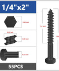 Dimensions of Heavy Duty Stainless Lag Screws Set 55 Pieces Quarter Inch By Two Inch Black Hex Head Wood Screws For Outdoor Projects.