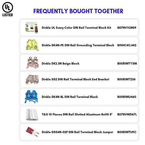 Frequently bought together list featuring DIN rail terminal blocks and T&G 10 Pieces DIN Rail Slotted Aluminum RoHS 8''.