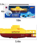 Mini RC Submarine Waterproof Remote Control Boat Toy for Kids with 360 Degree Rotating Propeller in packaging and dimensions