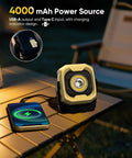 Magnetic Work Light Two Pack With IPX4 Waterproof, 4000mAh Battery, shown charging a phone on a table outdoors