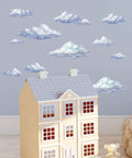 Sky Cloud Wall Decals Kit For Kids Rooms And Nurseries, Peel And Stick Cloud Mural Art above miniature house.