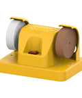 Top Shelf Seven Speed Mini Electric Belt Sander With Dual Wheel Bench Grinder showing dual grinding wheels in yellow frame.