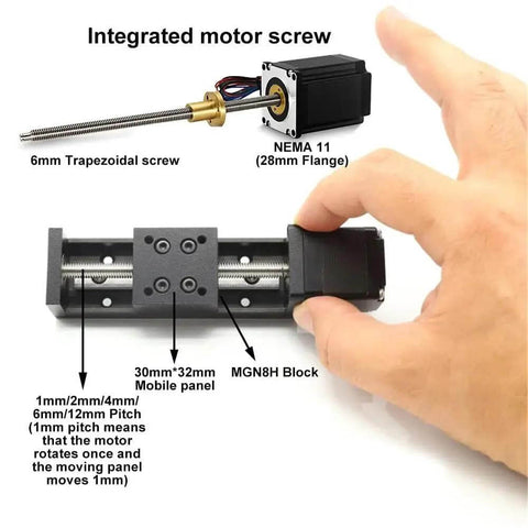 Solid Smooth XYZ Axis Slide With T06 Trapezoidal Lead Screw Linear Rail Motor Kit For Motorized Gantry Stage And Precise Z Axis 50mm Stroke Travel Ideal For CNC Router Mods And 3D Printer Upgrades That Crave Top Precision Built Tough For Pro Jobs. motorized Z axis slide with NEMA 11 motor, 50mm stroke, MGN8H block, and trapezoidal screw