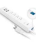 White WiFi Smart Power Strip with USB Ports, Four Outlets, Voice Control with Alexa and Google Assistant, No Hub Needed.