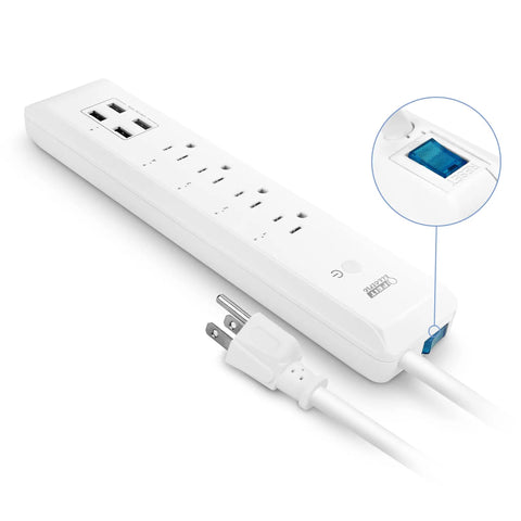 White WiFi Smart Power Strip with USB Ports, Four Outlets, Voice Control with Alexa and Google Assistant, No Hub Needed.