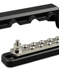 Heavy Lifter 250 Amp DC Busbar With Removable Safety Cover and Rugged Terminals, black plastic and metal design for wire organization.