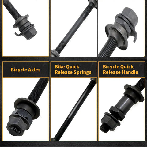 Heavy Duty 2 Pack Bike Hub Axle Set With 150 Mm Front And 180 Mm Rear Shafts For Multi Speed Bikes showing axles and quick release components