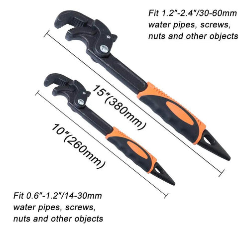 Two Pack Adjustable Wrench Set Quick Multi Function Self Adjusting Wrench Power Grip Pipe Wrenches 10" and 15" with measurement