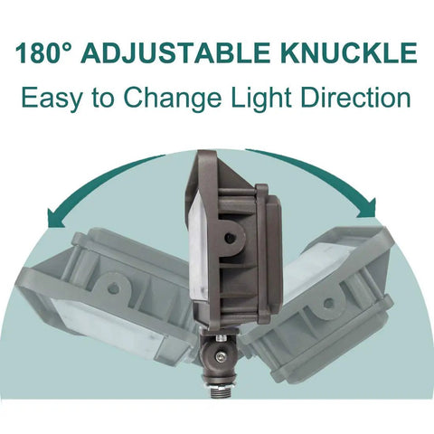 Powerful 50W LED Flood Light With Dusk-To-Dawn Sensor 5000K Bright White 6500LM showing 180-degree adjustable knuckle