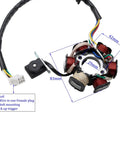 GY6 6 Coil 5 Wire AC Stator Magneto for 125cc 150cc ATVs, shown with measurements and wiring details