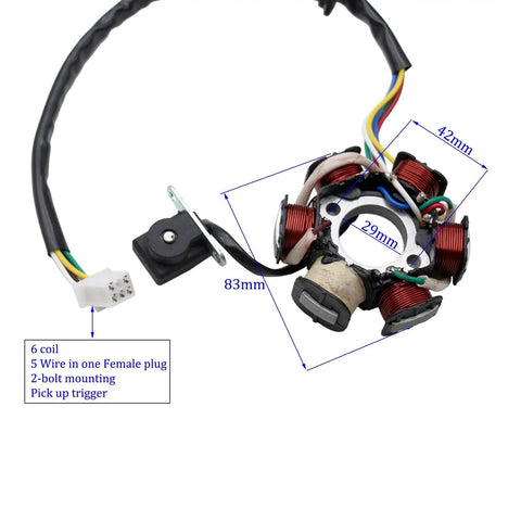 GY6 6 Coil 5 Wire AC Stator Magneto for 125cc 150cc ATVs, shown with measurements and wiring details