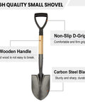 Round Small Shovel With Wooden D Handle For Digging And Planting, 28 Inch Carbon Steel Garden Shovel With Rust Resistant Blade, labeled features.