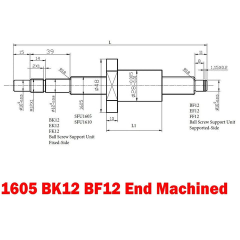 Beefy DFU1605 Ball Screw With Double Nut BK12 BF12 End Machined Right Hand Thread C7 Rolled Ball Screw technical diagram