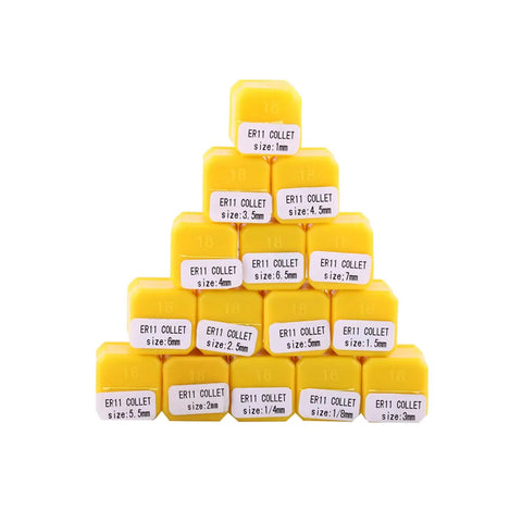 15 Piece ER11 Spring Collet Set Pro Grade High Precision 65Mn Spring Steel with labeled yellow containers pyramid