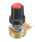 Close-up of a single 100K Ohm rotary potentiometer with knob from Five Pack Of 100K Ohm Variable Resistors Rotary Potentiometers With Single Turn Carbon Film Taper Design And Knobs For Audio Volume Control In Amplifiers And Audio Gear Durable Long Lasting Soft Touch Dial.
