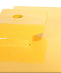 Close-up of yellow FCB-818 Class II Fork Truck Carriage Bumper with molded rubber and steel for impact protection and load safety.