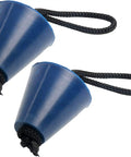 Two cadet blue silicone plugs from the Eight Piece Universal Kayak Scupper Plug Kit with lanyards for drain holes.