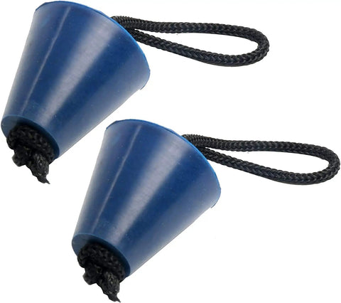 Two cadet blue silicone plugs from the Eight Piece Universal Kayak Scupper Plug Kit with lanyards for drain holes.