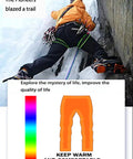 Person climbing ice in Waterproof Softshell Snow Pants For Men With Insulated Fleece Lining, Black, with gear and vibrant thermal image.