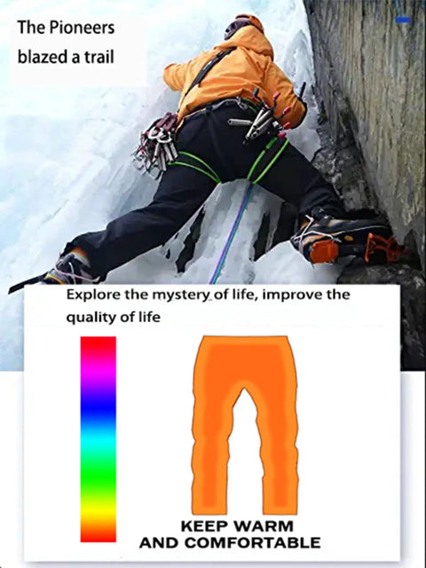 Person climbing ice in Waterproof Softshell Snow Pants For Men With Insulated Fleece Lining, Black, with gear and vibrant thermal image.