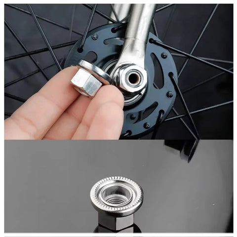 Silver 3/8 Inch-26 Bike Wheel Axle Nut 4 Pack Durable Alloy Steel for hub replacement shown on bike wheel and close-up view