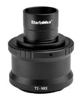 T2 Ring and M42 To 1.25 Inch Telescope T Adapter For Sony NEX Cameras Fits 1.25 Inch Telescopes, Compatible With A7R II A6300 A6000 NEX 3 5 6 7 5R VG40 Aluminum Body, Manual Focus Only, showing the black aluminum adapter with T2-NEX label.