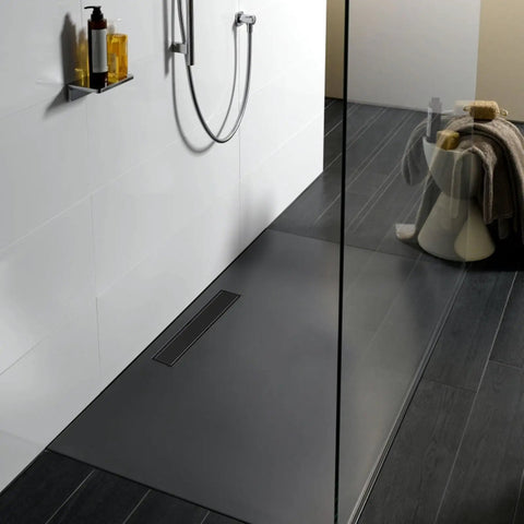 Modern bathroom with 26 Inch Linear Shower Drain With Removable 2 In 1 Cover Tile Insert Grate Rectangle Shower Floor Drain SUS304 Stainless Steel Matte Black Easy Installation Includes Accessories