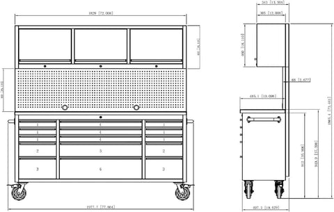 Heavy Duty Rolling 72 Inch Tool Cabinet Chest With Fifteen Deep Drawers Plus Three Lockable Upper Doors Dual Pack Mobile Workstation dimensions diagram