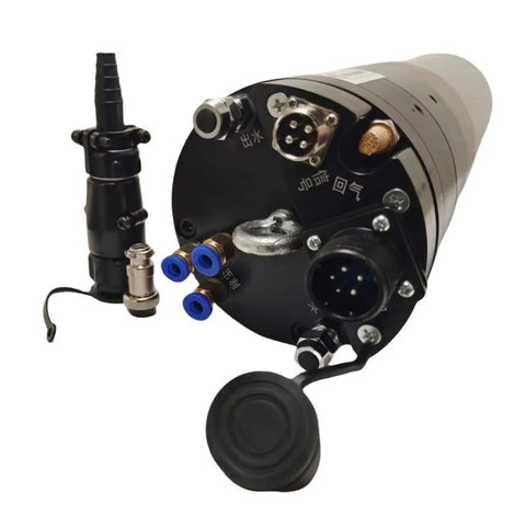 Heavy Duty 3.2KW Water Cooled Automatic Tool Spindle For CNC Machines showing plumbing connections and electrical ports.
