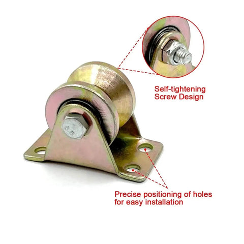 V Groove Caster Wheels 4 Pack 1.25 Inch Heavy Duty Sliding Gate Rollers With Precision Inner Bearings For Patio Doors Garage Shutters And Diy Gear Sweet Smooth Glide No Sweat Track Install, close-up of self-tightening design.