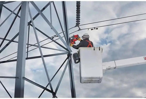 No Sweat Cordless Magnetic Drill Kit For Professional Linemen used at height on power tower for cutting steel.