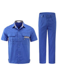 Men's Breathable Short Sleeve Workwear Set Built For Mechanics And Construction Crews Kill The Daily Grind With Zero Sweat Heavy Duty Blue Shop Uniforms That Last, featuring a blue short sleeve shirt and matching pants.
