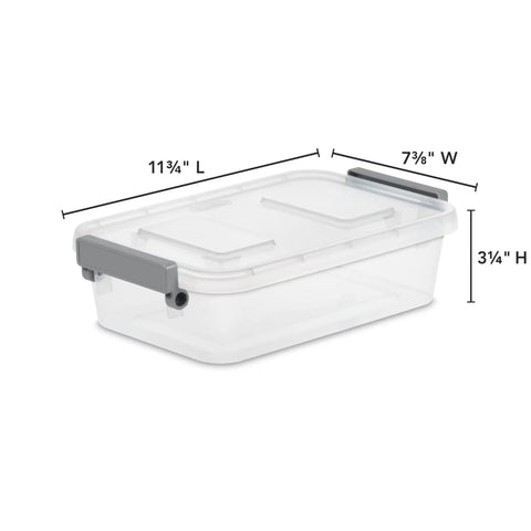 2 Pack Stack Em High Modular Storage Totes With Gray Write-On Lids, BPA Free Clear Plastic Bins measuring 11.75x7.375x3.25 inches.