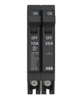 Straight Shooter Tandem Circuit Breaker for Load Centers Featuring 15 and 20 Amp Slots with 10 Kaic Ratings, front view.