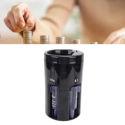 5 In 1 Coin Counter And Sorter With Coin Wrappers; compact black cylinder design featuring slots for dimes and dollars