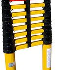 Top Shelf Fiberglass Telescoping Extension Ladder With A Secure Built In Hook And Fully Adjustable Sections, with yellow and black sections.