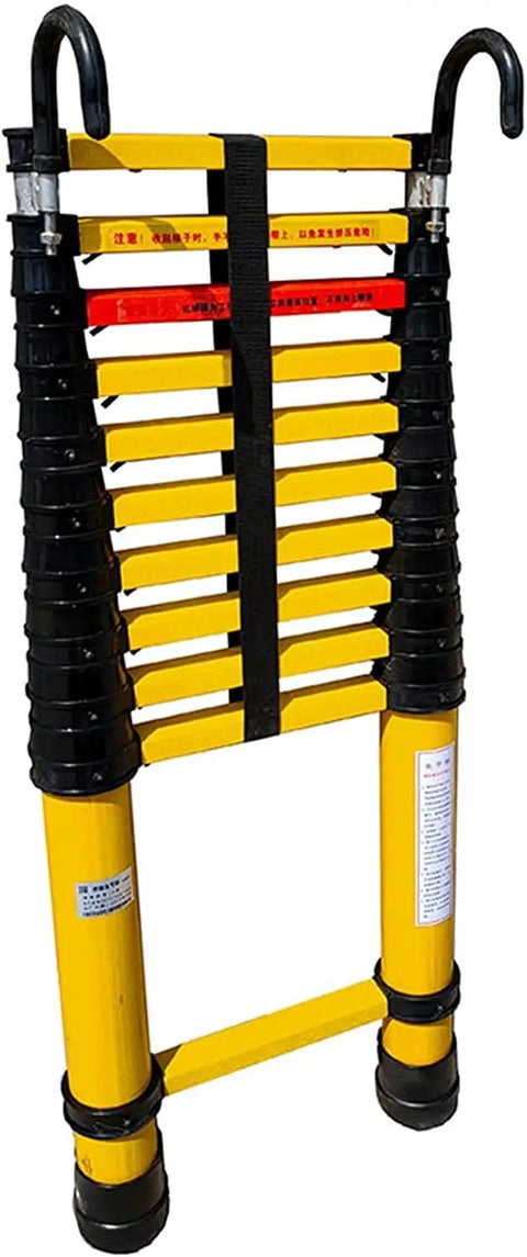 Top Shelf Fiberglass Telescoping Extension Ladder With A Secure Built In Hook And Fully Adjustable Sections, with yellow and black sections.