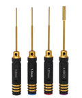 Four Piece RC Screwdriver Set Aluminum Alloy Repair Tool Kit With 1.27mm 1.3mm 1.5mm Hex And 4mm Socket shown vertically