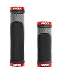 Lightweight Aluminum Bike Grips With 130mm And 90mm Lengths Fit 22.2mm Handlebars Anti Slip TPR Rubber Ergonomic Grip For Mountain BMX And Multispeed Bikes Red, shown in black and red with textured design.