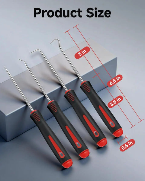 4-Piece Mechanic Pick Set With Soft Grip Handles showing size dimensions for O Rings, Oil Seals, Gaskets, Electronics, and Auto Repair.