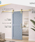 All In One Adjustable Gold Barn Door Hardware Kit For A 6 Foot 7 Inch Track Modern Sliding Door System With 12 Inch Door Handle Bar Finger Pull Plate Interior Floor Guide Light Gold Finish Complete Hanging Kit Door Not Included installed on a blue door.