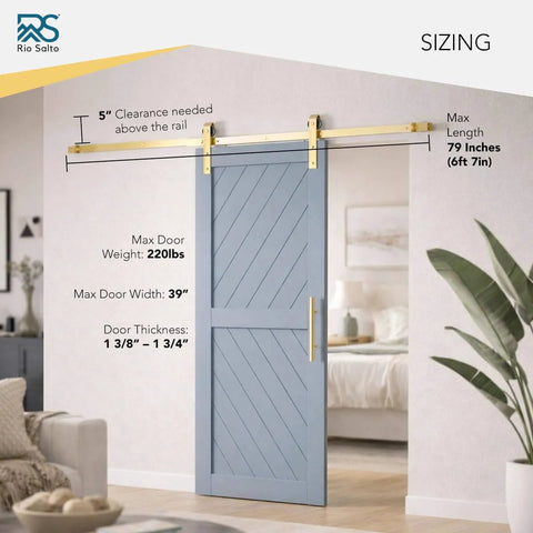 All In One Adjustable Gold Barn Door Hardware Kit For A 6 Foot 7 Inch Track Modern Sliding Door System With 12 Inch Door Handle Bar Finger Pull Plate Interior Floor Guide Light Gold Finish Complete Hanging Kit Door Not Included installed on a blue door.