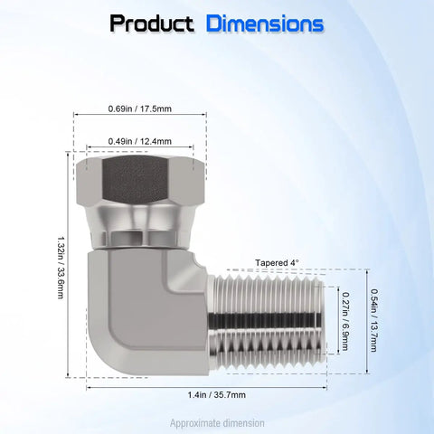 Super Handy 1/4 Inch Male NPTF To 1/4 Inch Female NPSM Ninety Degree Swivel Elbow Adapter Fitting dimension diagram