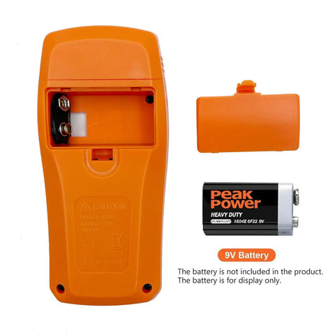 Back view of Pro Grade Wood Moisture Meter Digital Humidity Tester with orange case and space for 9V battery, battery shown separately