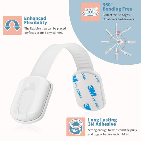 Kid Safe Safety Strap Locks For Fridge Cabinets Drawers Dishwasher And Toilet, adjustable no drill adhesive strap close-up