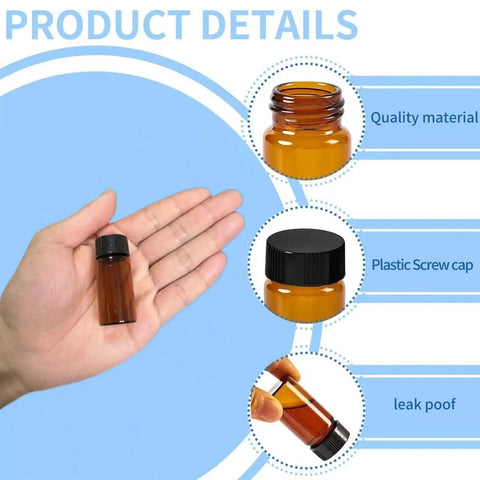 15 Piece Kit Of 10Ml Amber Glass Sample Vials With Black Screw Caps And Pe Liners, 0.34 Oz Tiny Travel Flasks for Essential Oils, showing vials in hand.